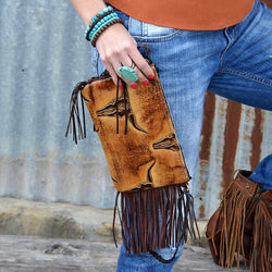 *Embossed Tan Steer head Leather Clutch Handbag 501n