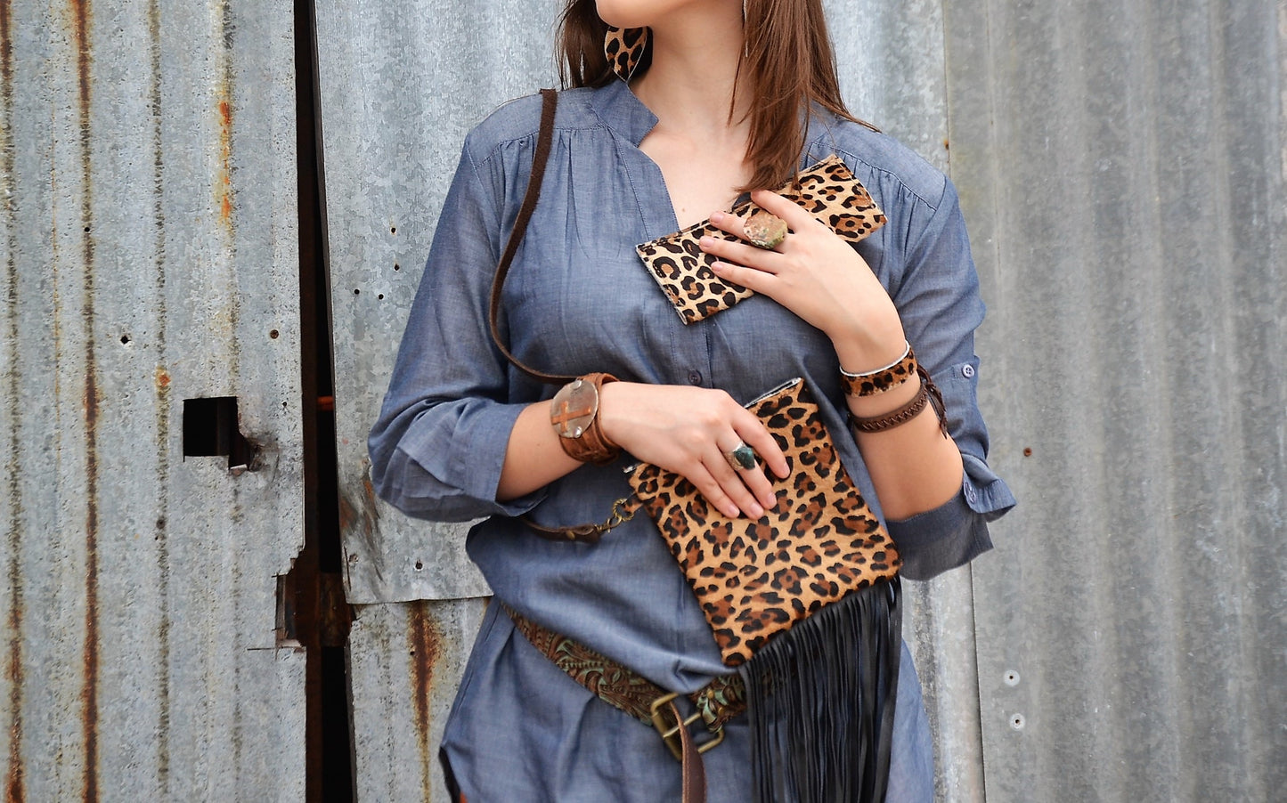 Small Crossbody Handbag w/ Hair-on-Hide Leopard Leather 504d