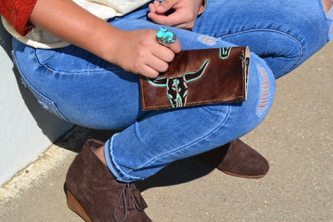 *Embossed Leather Wallet-Turquoise Steer 300i