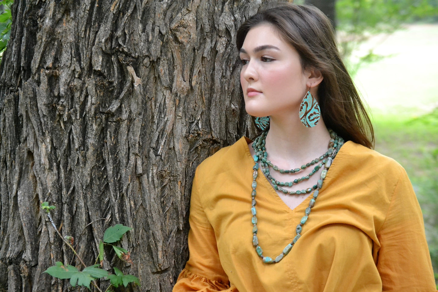 Genuine Long Natural Turquoise and Wood Layering Necklace 250w