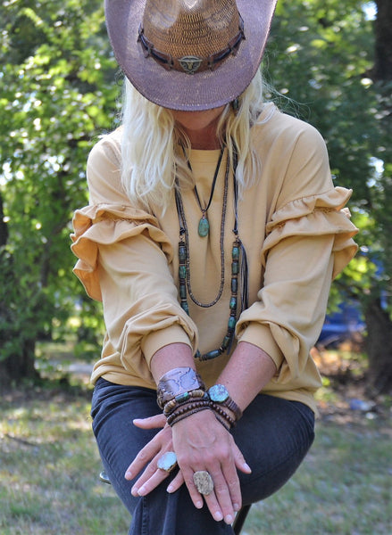 **Leather Necklace with Natural Turquoise Pendant-Brown 249r
