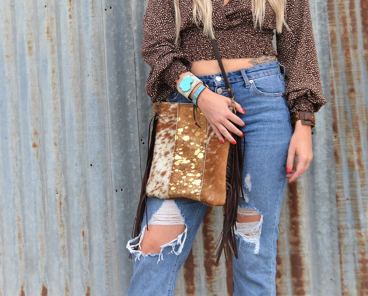 Leather Cuff w/ Tie-Spotted Hair-on-Hide w/ Turquoise Slab (001p)