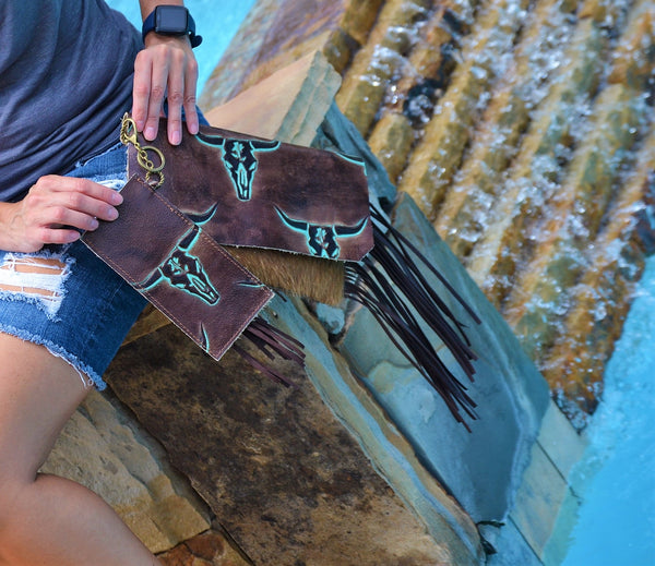 *Embossed Leather Sunglasses Case w/ Keychain-Turquoise Steer 100L