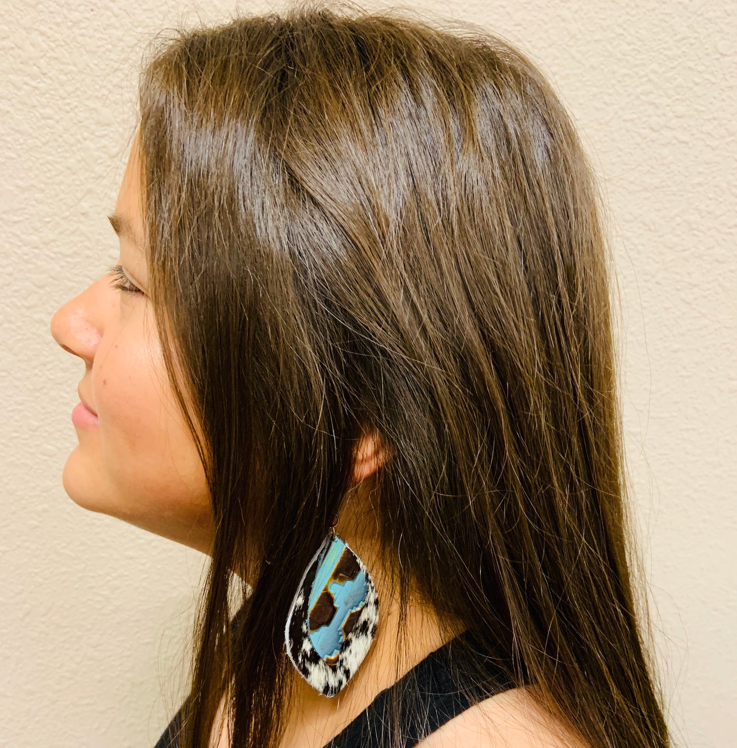 Leather Oval Gray Hide Earrings with Blue Navajo Accents 225a