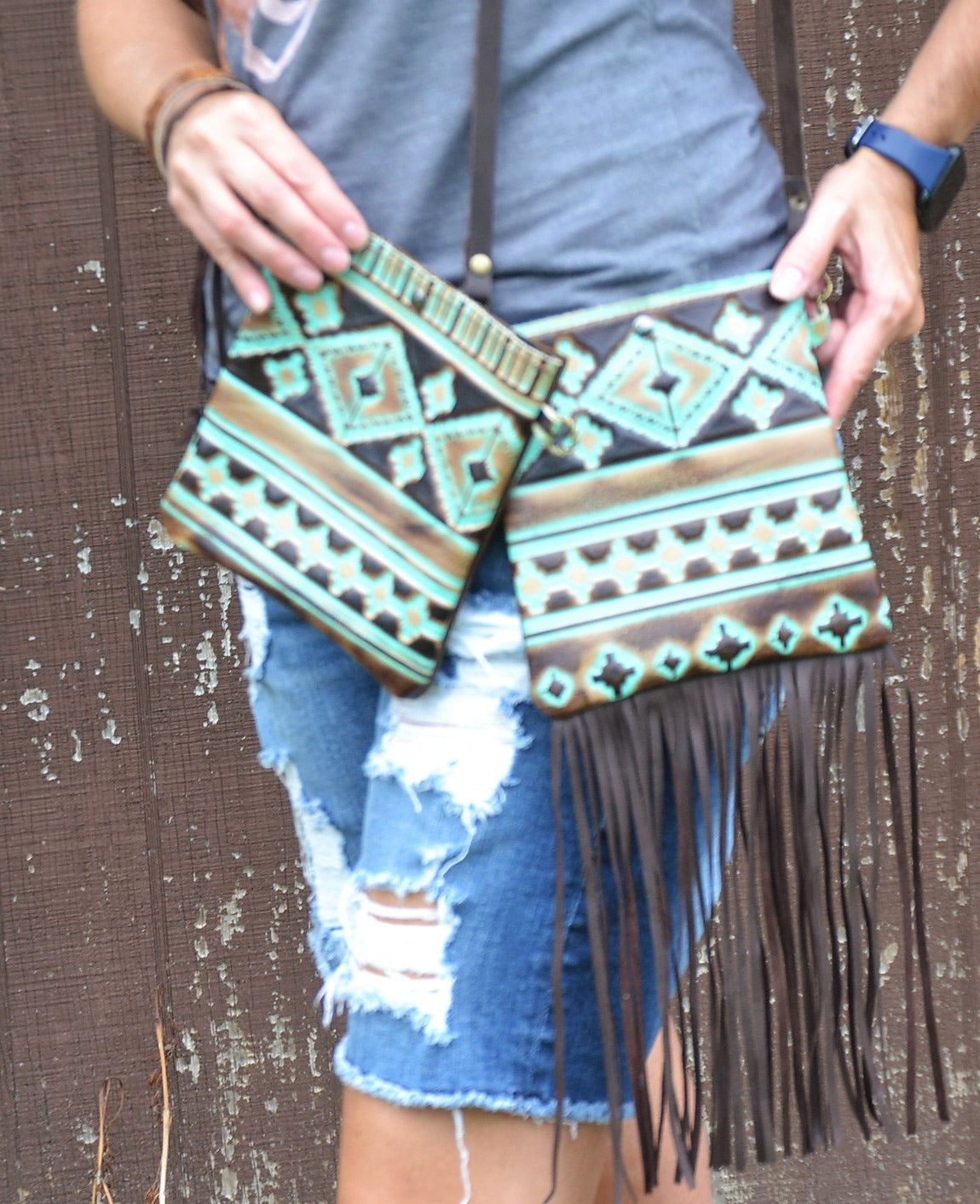 Small Crossbody Handbag w/ Turquoise Navajo Tooled Leather 504c