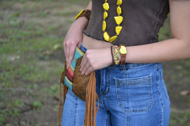 **Yellow Turquoise Slab on Narrow Leather Cuff 010q