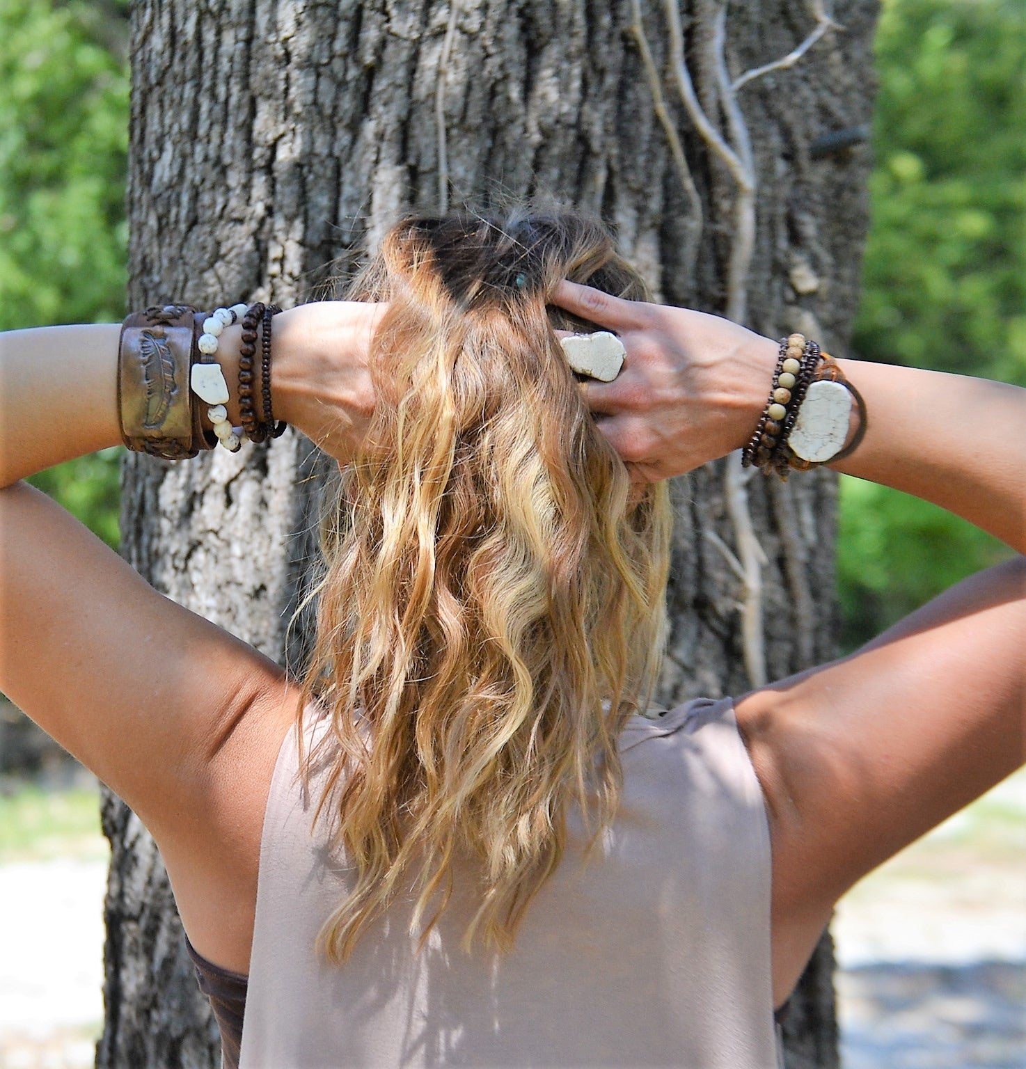 Girl Wearing White Turquoise Slab on Gold Cuff Ring