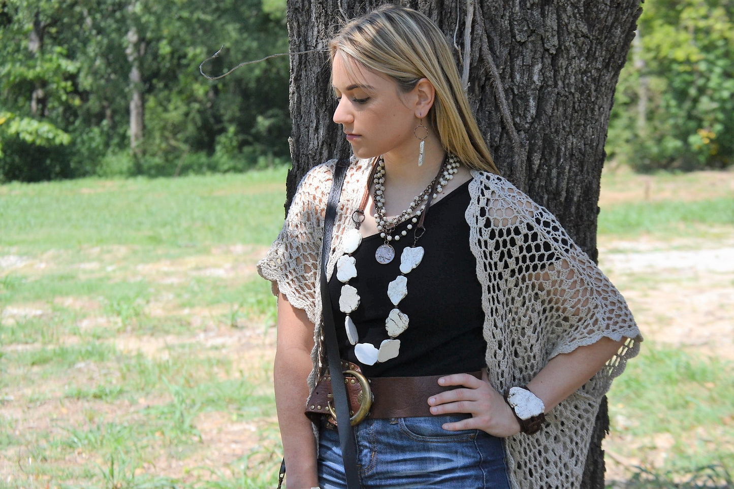 White Turquoise Slab Necklace with Leather Fringe Closure