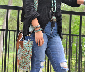 Embossed Leather Crossbody Strap in Cowboy Turquoise 400j