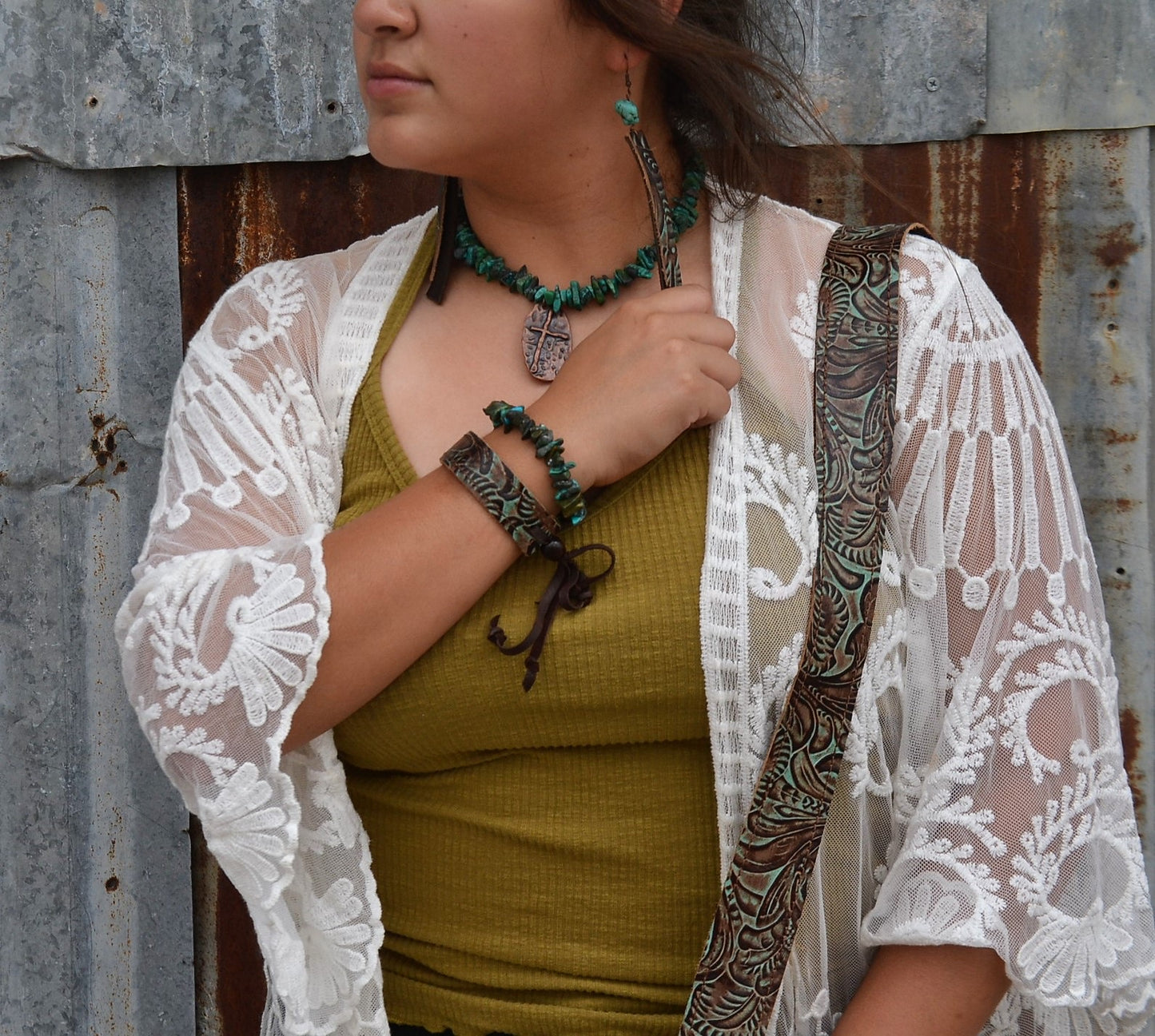 Narrow Leather Cuff in Turquoise Brown Floral w/ adjustable leather 001g