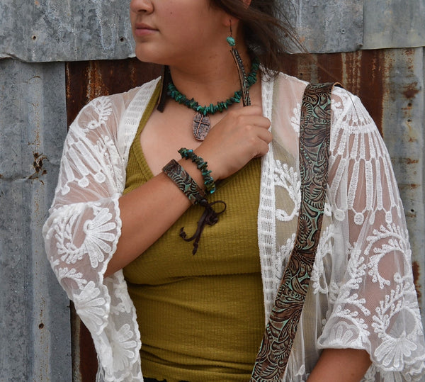 Narrow Leather Cuff in Turquoise Brown Floral w/ adjustable leather 001g