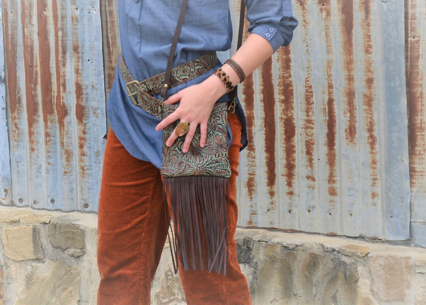 Small Crossbody Handbag w/ Turquoise Brown Floral Tooled Leather 504b