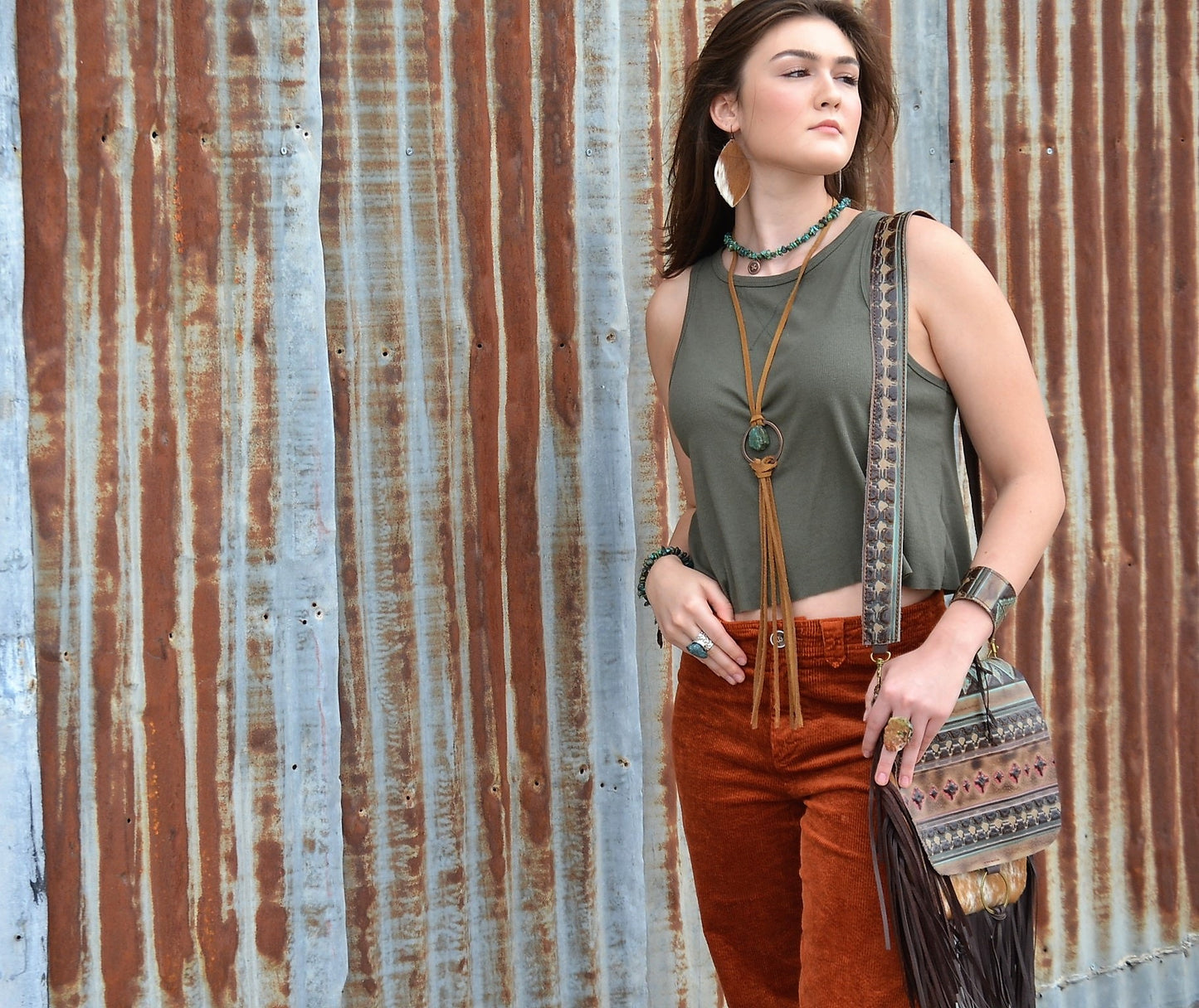 Embossed Leather Crossbody Strap in Turquoise Navajo 400q