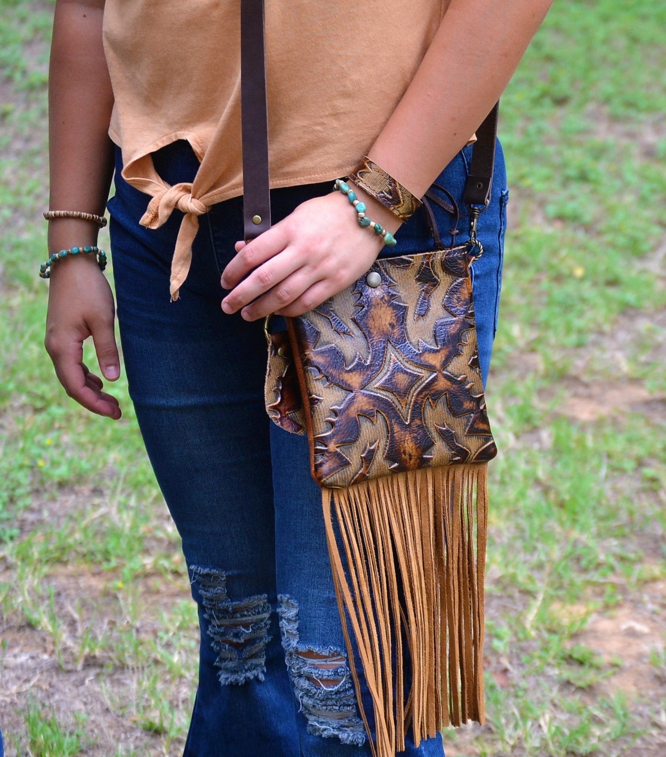 Narrow Leather Cuff in Turquoise Brown Floral w/ adjustable leather 001g