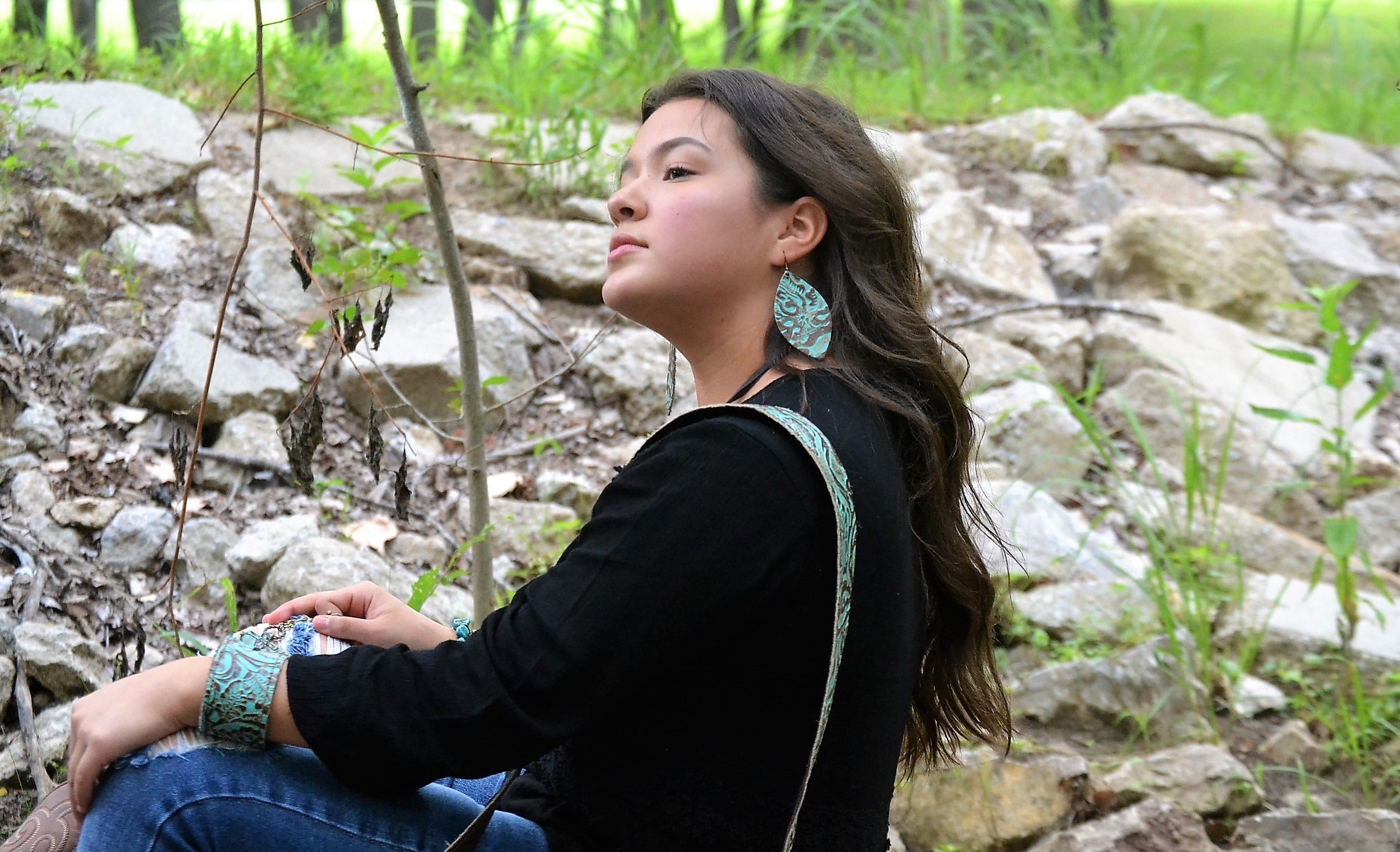 Leather Oval Earrings-Cowboy Turquoise