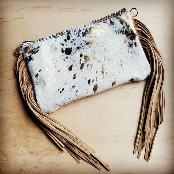 Cream and Gold Metallic Hair-on-Hide Leather Clutch Handbag 501e