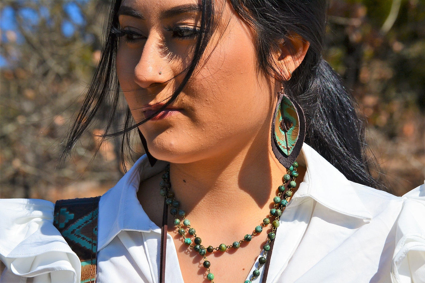 Leather Double Stacked Earrings-Turquoise Navajo 203m