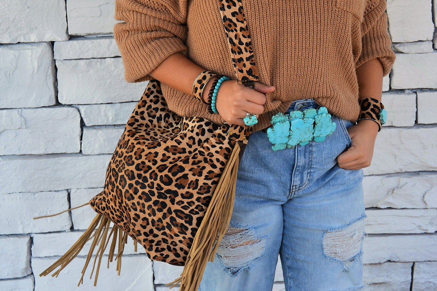 Tejas Leather Bucket Leopard Handbag with Tan Fringe 505h