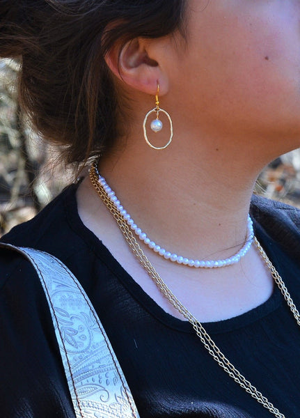 Matte Gold Hoop Earrings with Pearl Dangle 203s