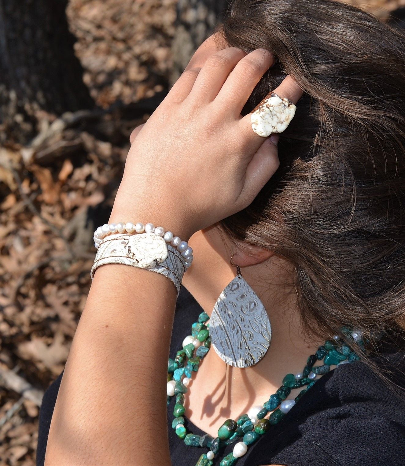 White Turquoise Slab on Gold Cuff Ring