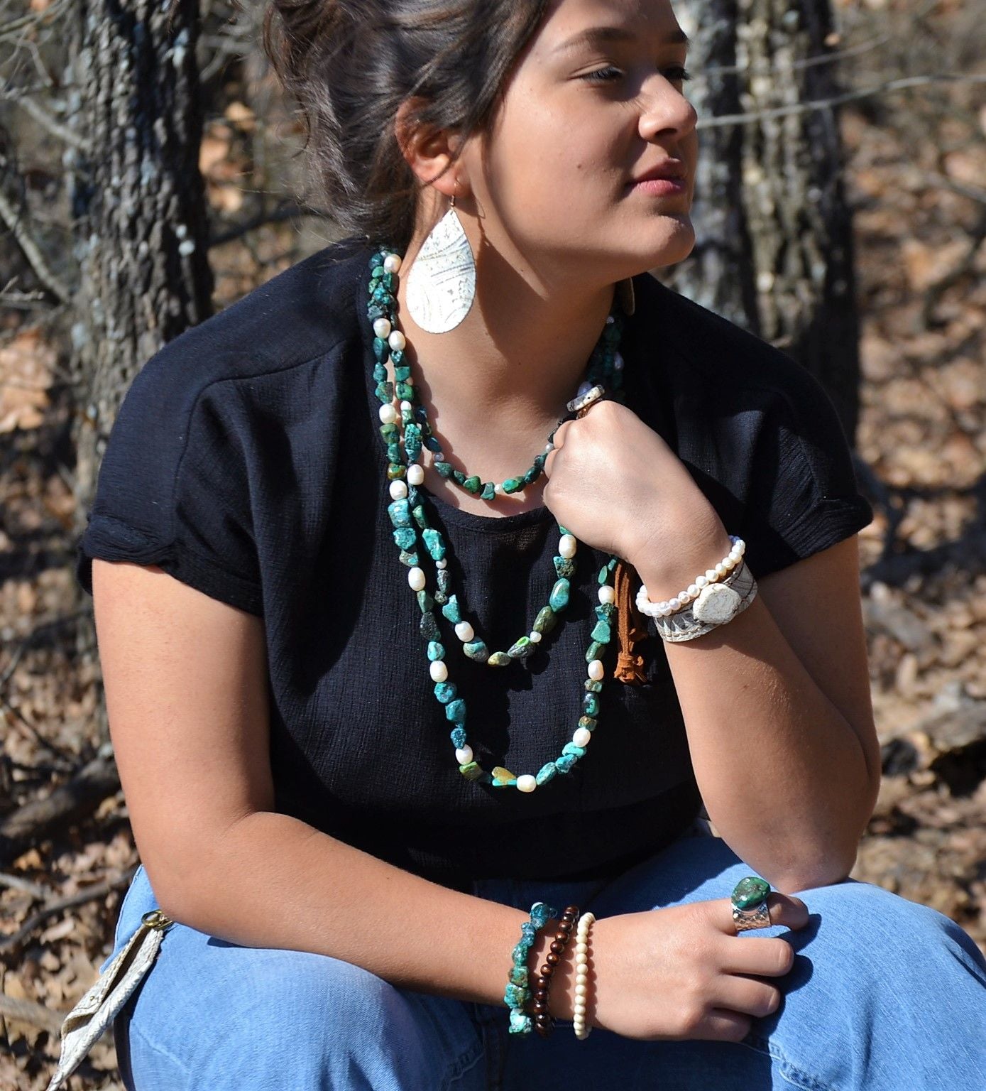*Natural Turquoise and Freshwater Pearl Triple Strand Necklace 251w