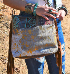 Tejas Leather Bucket Metallic Handbag with Santa Fe Accent 505f