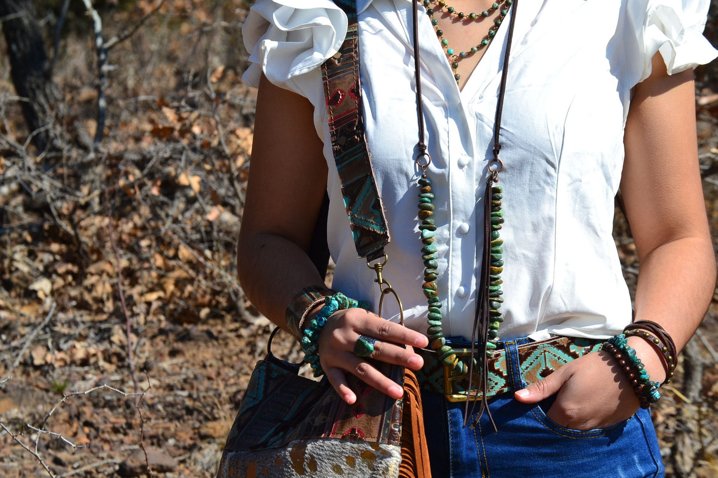 Model Natural Turquoise Necklace with Leather Tassel Side Tie