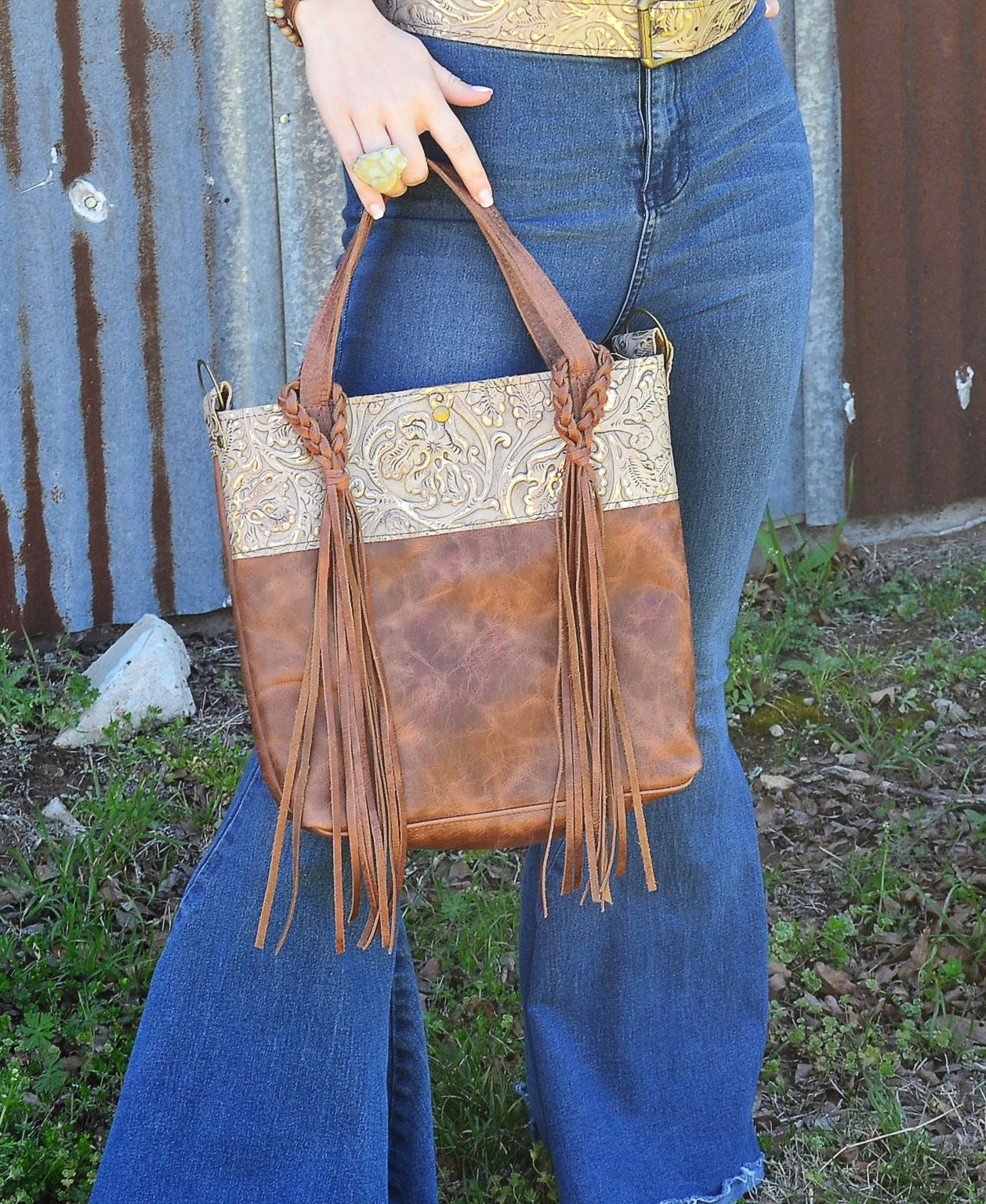 Tejas Leather Bucket Hide Handbag with Gilded Cowboy Accent 506s