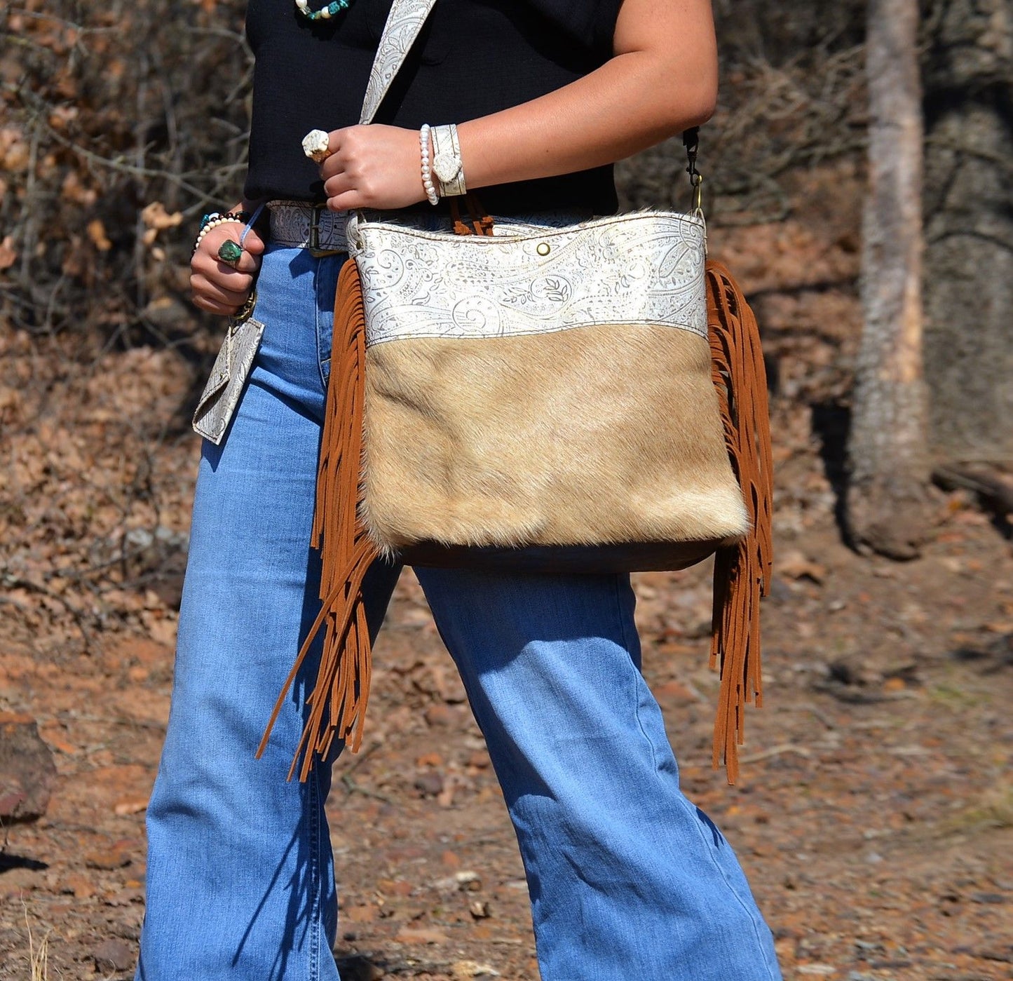 Tejas Leather Bucket Hide Handbag with Oyster Paisley Accent 505k