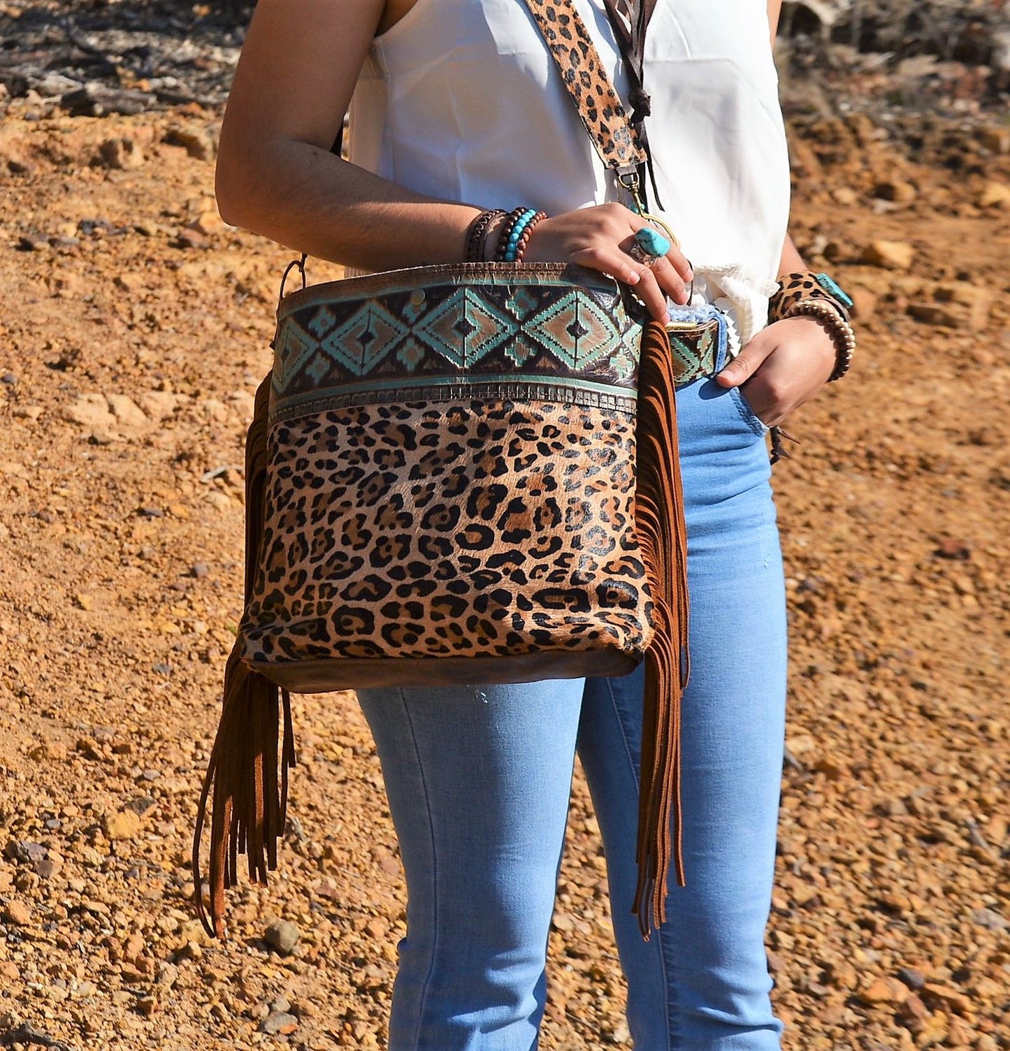 Tejas Leather Bucket Leopard Handbag with Santa Fe Accent 505g