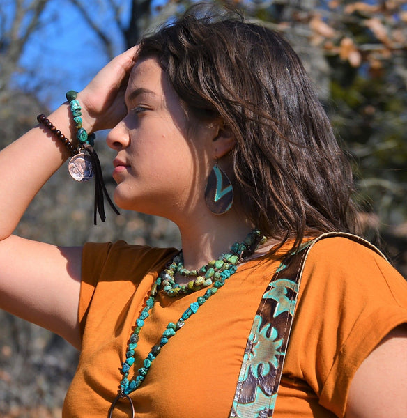 Leather Teardrop Earrings-Brown and Turquoise Laredo 204d